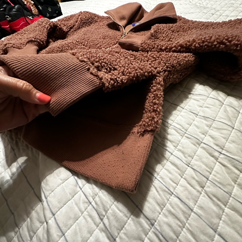 JoyLab Womens Sherpa Quarter Zip Pullover Rust Brown Faux Fur Fleece Jacket S - Picture 6 of 6
